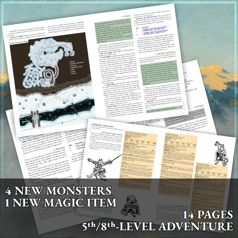 4 new monsters, 1 new magic item, 14 pages, 5th or 8th-level adventure