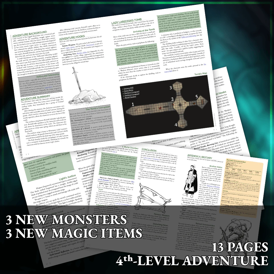 3 new monsters, 3 new magic items, 13 pages, 4th-level adventure