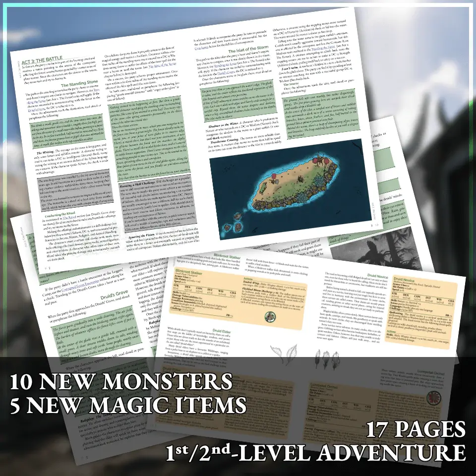10 new monsters, 5 new magic items, 17 pages, 1st/2nd-level adventure