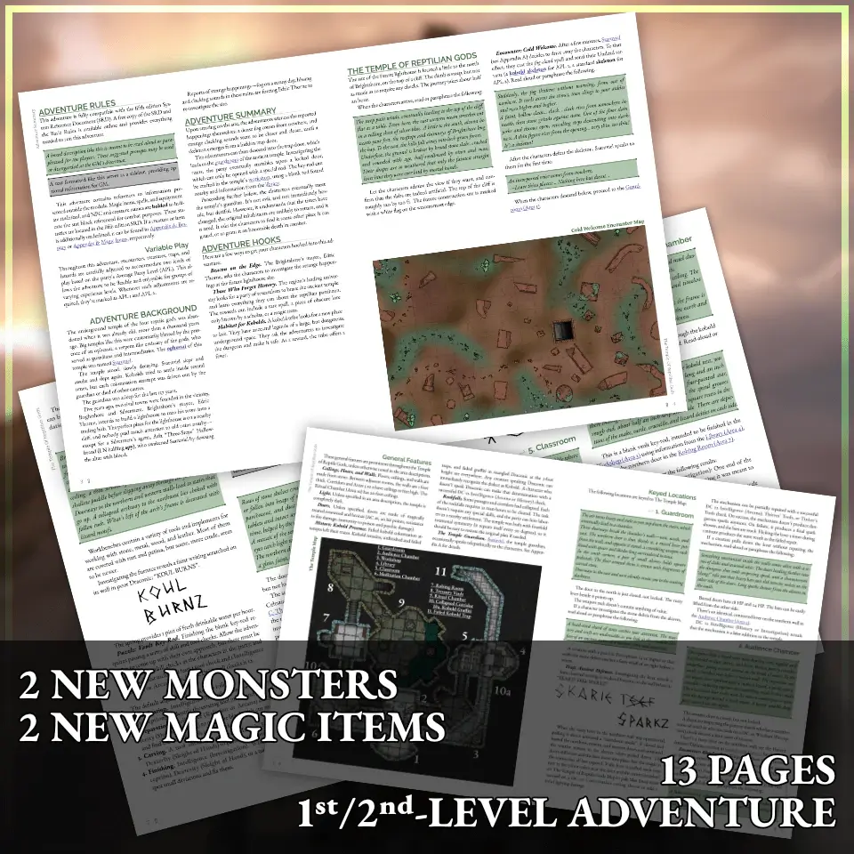 2 new monsters, 2 new magic items, 13 pages, 1st/2nd-level adventure